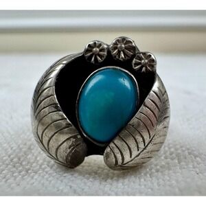 VTG Navajo Sterling Silver Turquoise Leaf Feather Ring Sz6 Old Pawn Southwestern